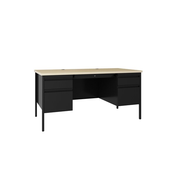 Hirsh Double Pedestal Office Desk W/ Center Drawer, 30 in D X 29.5 in H, 60 in W X Black / Maple - 25052