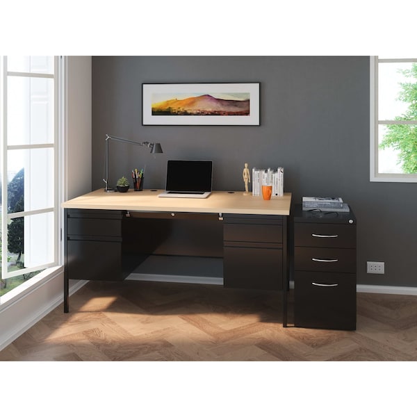 Hirsh Double Pedestal Office Desk W/ Center Drawer, 30 in D X 29.5 in H, 60 in W X Black / Maple - 25052