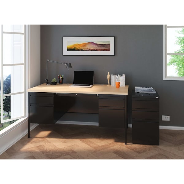Hirsh Double Pedestal Office Desk W/ Center Drawer, 30 in D X 29.5 in H, 60 in W X Black / Maple - 25052