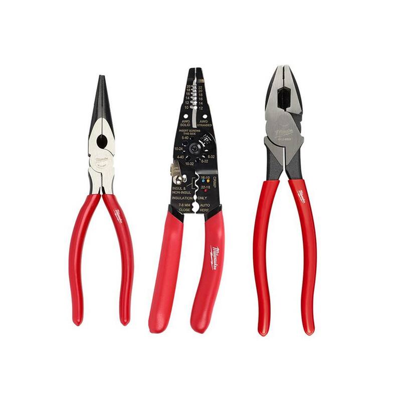 Milwaukee 9 in. High-Leverage Linesman Pliers with 9 in. Multi-Purpose Pliers and 8 in. Dipped Grip Long Nose Pliers (3-Piece) - 48-22-6502-48-22-6579-48-22-6501