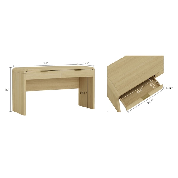 Manhattan Comfort Grace 54in Home Office Desk in Natural Oak and Gold - DK001-GNO