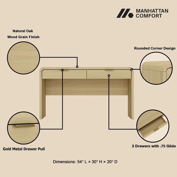 Manhattan Comfort Grace 54in Home Office Desk in Natural Oak and Gold - DK001-GNO