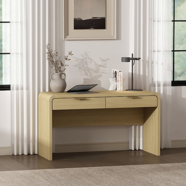 Manhattan Comfort Grace 54in Home Office Desk in Natural Oak and Gold - DK001-GNO