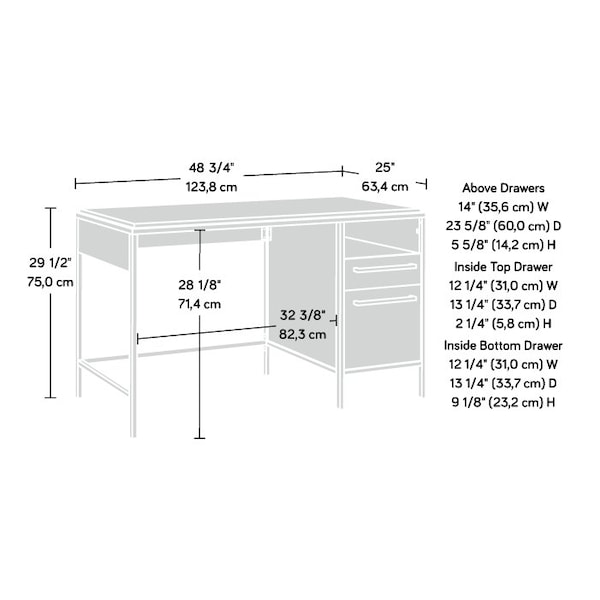 Sauder Single Ped Desk, 24.96 in D X 29.53 in H, 48.74 in W X Engineered wood, Metal - 429549