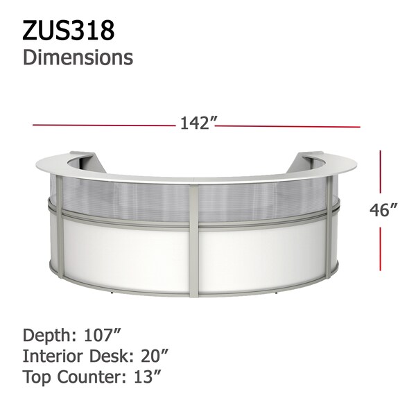Linea Italia Curved Reception Desk 4 Units, Clear Panel, 142 inW x 107 inD, White - ZUS318