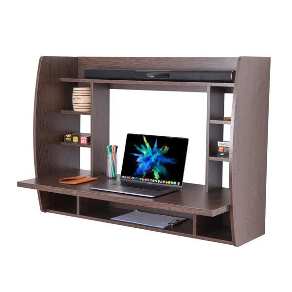 Kd Cuna 31.5 x 43.25 x 8.75 in. Wall Mount Laptop Office Desk with Shelves, Brown - Rectangle - KD2641628