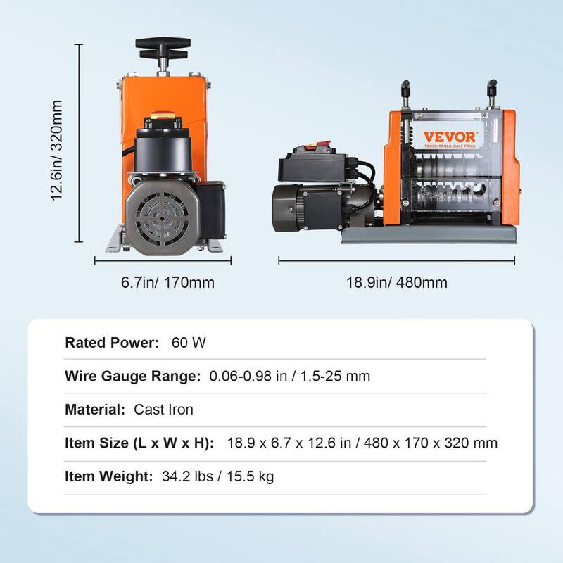 VEVOR Automatic Wire Stripper Machine 0.06 in. to 0.98 in. Electric Cable Peeler 60 Watt with Depth Reference & 1 Flat Channel - BXJL60W1525MM4XMQV1