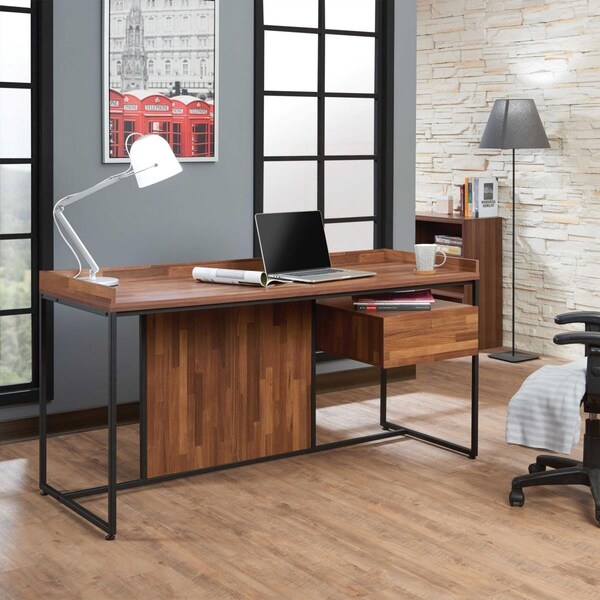 Homeroots 62 x 24 x 31 in. Walnut & Sandy Black Metal Desk - 374256