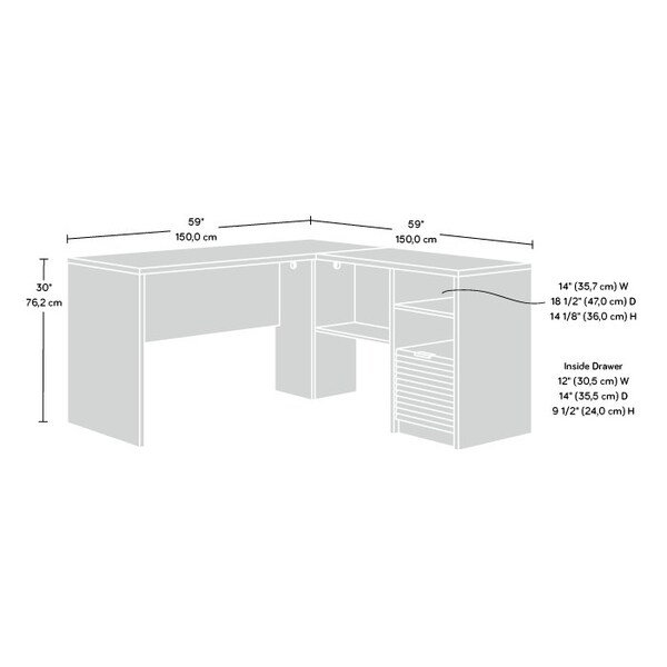 Sauder L-Desk, 59.06 in D X 30 in H, 59.06 in W X Engineered wood, Metal - 433260