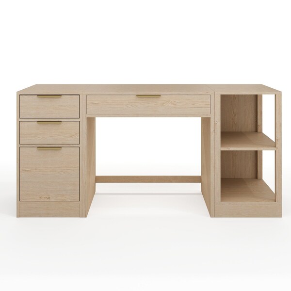 Martha Stewart Kayden Single-Drawer Desk w/2 Tier Shelf and 3 Drawer File Cabinet in Light Natural w/Gold Hardware - KHO-23042-TBSFFC-LNT-GLD-MS