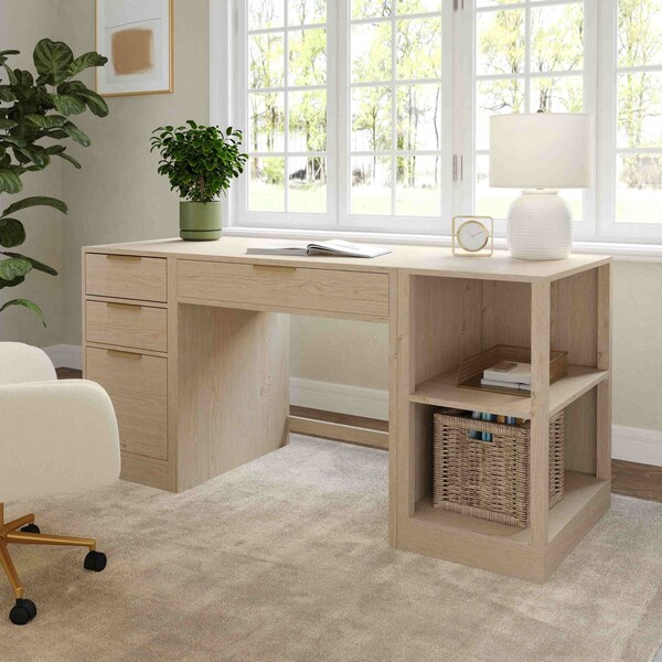 Martha Stewart Kayden Single-Drawer Desk w/2 Tier Shelf and 3 Drawer File Cabinet in Light Natural w/Gold Hardware - KHO-23042-TBSFFC-LNT-GLD-MS