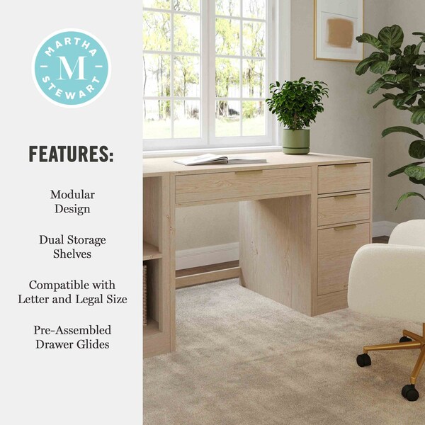 Martha Stewart Kayden Single-Drawer Desk w/2 Tier Shelf and 3 Drawer File Cabinet in Light Natural w/Gold Hardware - KHO-23042-TBSFFC-LNT-GLD-MS
