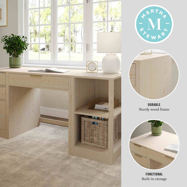 Martha Stewart Kayden Single-Drawer Desk w/2 Tier Shelf and 3 Drawer File Cabinet in Light Natural w/Gold Hardware - KHO-23042-TBSFFC-LNT-GLD-MS
