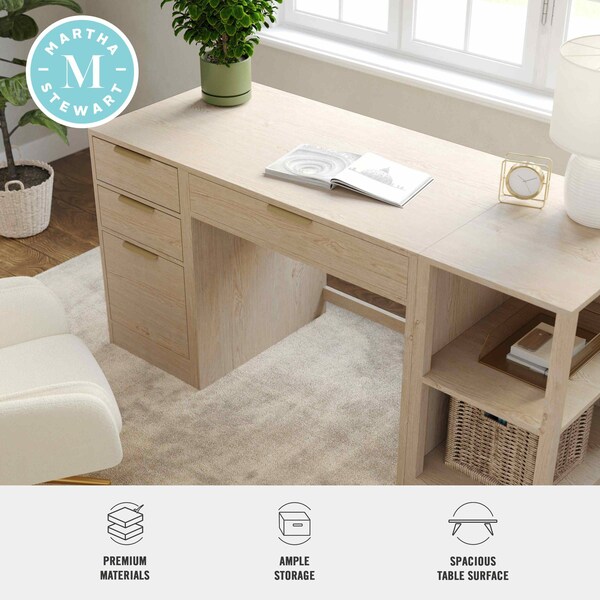 Martha Stewart Kayden Single-Drawer Desk w/2 Tier Shelf and 3 Drawer File Cabinet in Light Natural w/Gold Hardware - KHO-23042-TBSFFC-LNT-GLD-MS