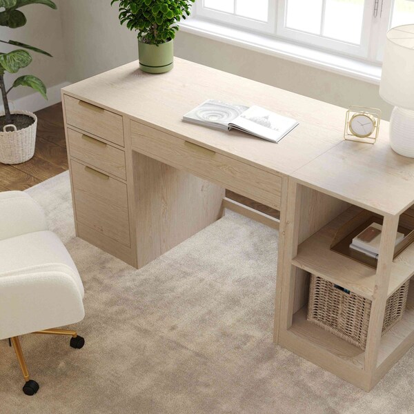Martha Stewart Kayden Single-Drawer Desk w/2 Tier Shelf and 3 Drawer File Cabinet in Light Natural w/Gold Hardware - KHO-23042-TBSFFC-LNT-GLD-MS