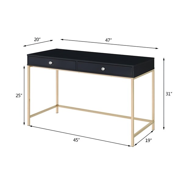 Acme Wooden 2-Drawer Writing Desk in Black High Gloss and Gold Finish - ER-0119BK