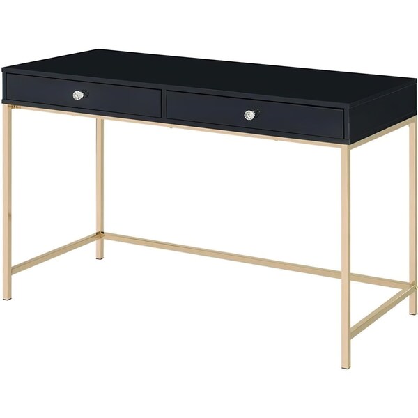 Acme Wooden 2-Drawer Writing Desk in Black High Gloss and Gold Finish - ER-0119BK