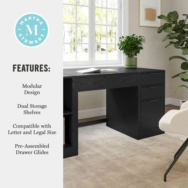 Martha Stewart Kayden Single-Drawer Desk w/2 Tier Shelf and 3 Drawer File Cabinet in Black w/Bronze Hardware - KHO-23042-TBSFFC-BK-BK-MS