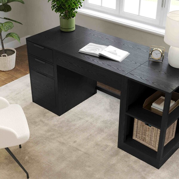 Martha Stewart Kayden Single-Drawer Desk w/2 Tier Shelf and 3 Drawer File Cabinet in Black w/Bronze Hardware - KHO-23042-TBSFFC-BK-BK-MS