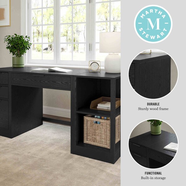 Martha Stewart Kayden Single-Drawer Desk w/2 Tier Shelf and 3 Drawer File Cabinet in Black w/Bronze Hardware - KHO-23042-TBSFFC-BK-BK-MS