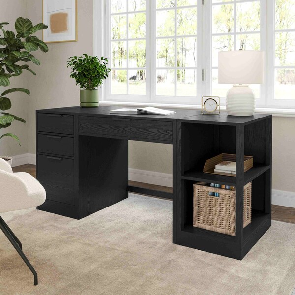 Martha Stewart Kayden Single-Drawer Desk w/2 Tier Shelf and 3 Drawer File Cabinet in Black w/Bronze Hardware - KHO-23042-TBSFFC-BK-BK-MS