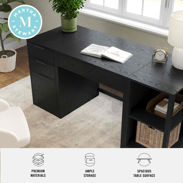 Martha Stewart Kayden Single-Drawer Desk w/2 Tier Shelf and 3 Drawer File Cabinet in Black w/Bronze Hardware - KHO-23042-TBSFFC-BK-BK-MS
