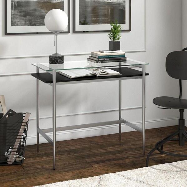 Henn & Hart 36 in. Eaton Silver Desk with Black Woodgrain Shelf - OF1173