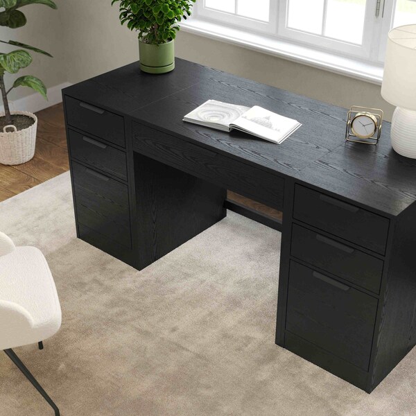 Martha Stewart Kayden Single-Drawer Desk w/Dual 3 Drawer File Cabinets in Black w/Oil Rubbed Bronze Hardware - KHO-23042-TBFC2-BK-BK-MS