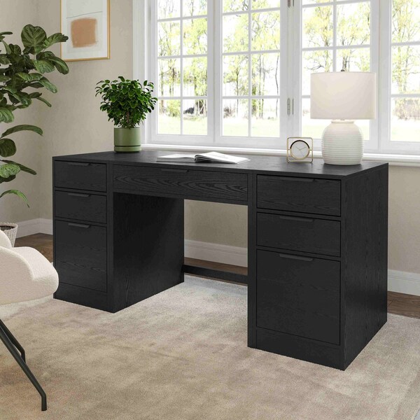 Martha Stewart Kayden Single-Drawer Desk w/Dual 3 Drawer File Cabinets in Black w/Oil Rubbed Bronze Hardware - KHO-23042-TBFC2-BK-BK-MS