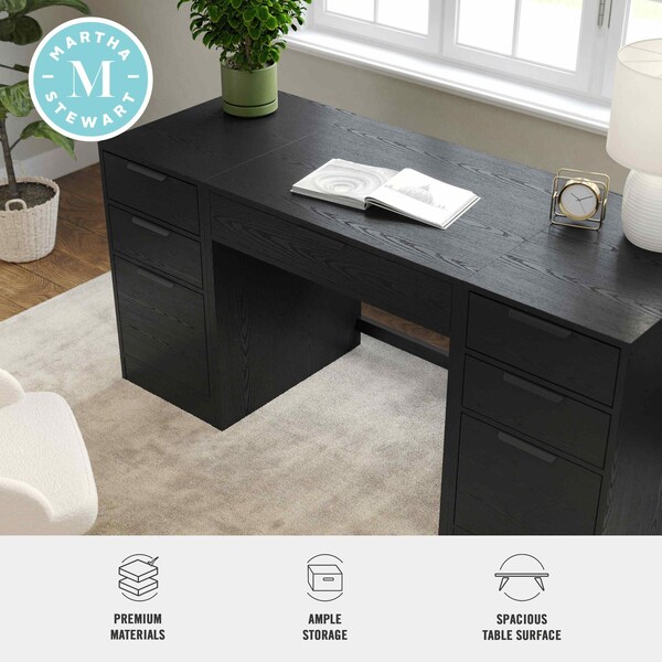 Martha Stewart Kayden Single-Drawer Desk w/Dual 3 Drawer File Cabinets in Black w/Oil Rubbed Bronze Hardware - KHO-23042-TBFC2-BK-BK-MS