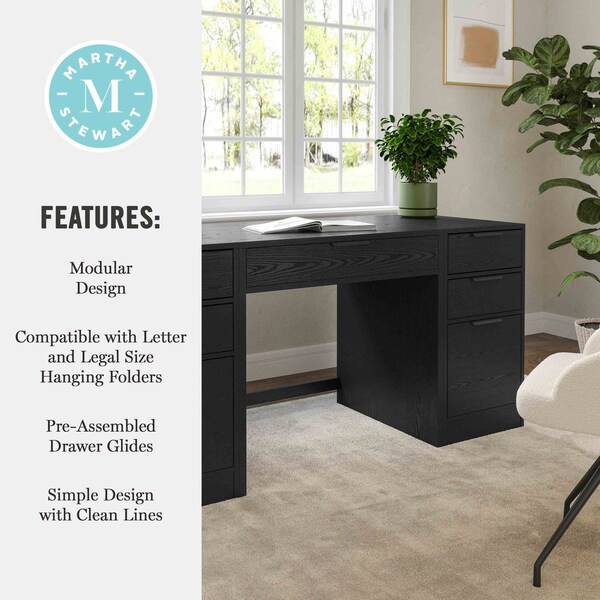 Martha Stewart Kayden Single-Drawer Desk w/Dual 3 Drawer File Cabinets in Black w/Oil Rubbed Bronze Hardware - KHO-23042-TBFC2-BK-BK-MS