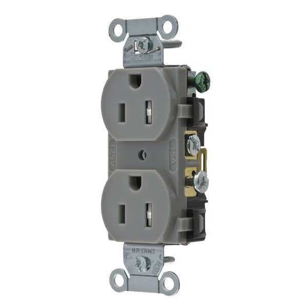 Zoro Select Receptacle, 15 A Amps, 125V AC, Flush Mount, Standard Duplex Outlet, 5-15R, Gray - CRS15GRYTR