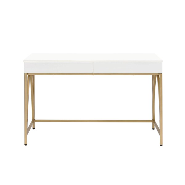 Acme Wooden Top Writing Desk in White High Gloss and Gold - ER-034WH