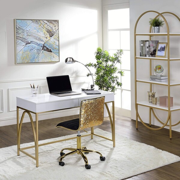 Acme Wooden Top Writing Desk in White High Gloss and Gold - ER-034WH
