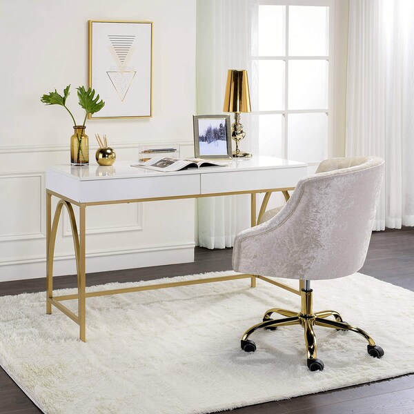 Acme Wooden Top Writing Desk in White High Gloss and Gold - ER-034WH