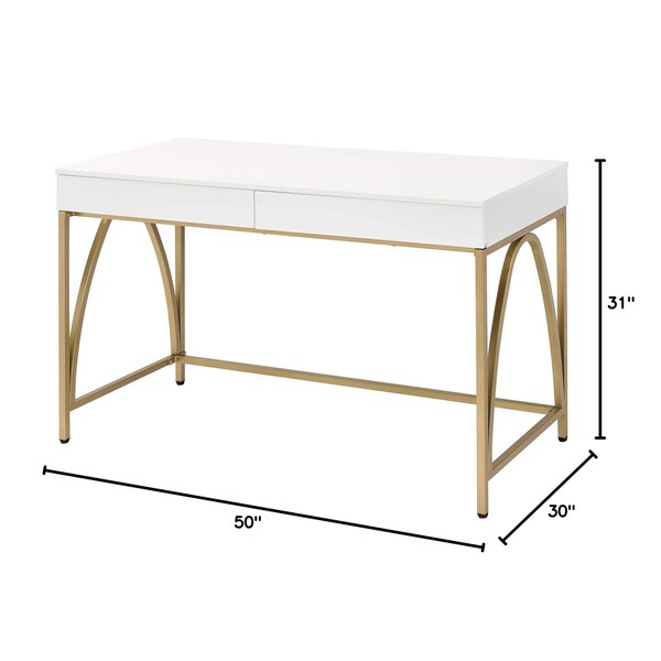 Acme Wooden Top Writing Desk in White High Gloss and Gold - ER-034WH