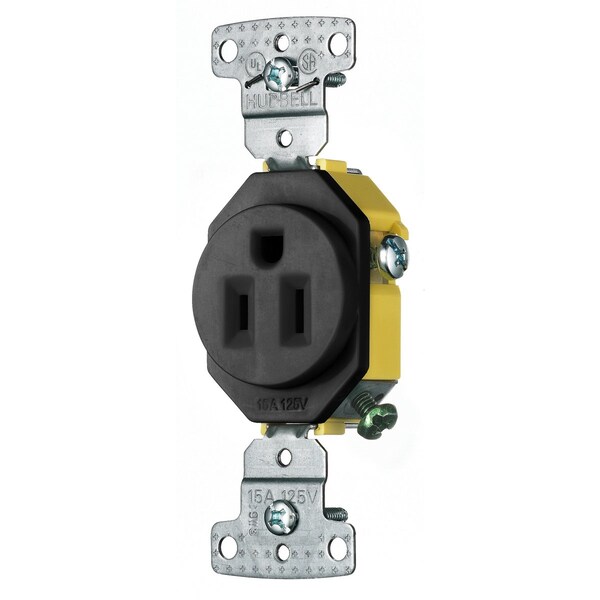 Hubbell Wiring Device-Kellems TradeSelect, Straight Blade, Single Receptacle, Self Grounding, 15A 125V, 2-Pole 3-Wire Grounding, 5-15R, Black - RR151BK