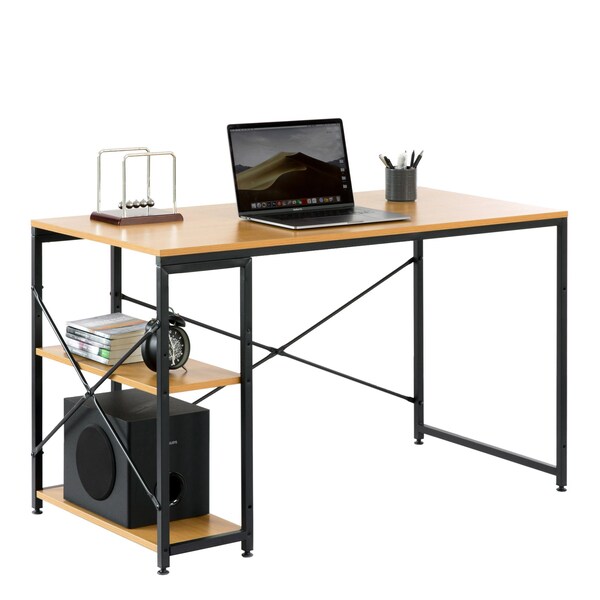Basicwise Industrial Rectangular Wood and Metal Home Office Computer Desk with 2 Side Shelves, Natural - QI003992.NC