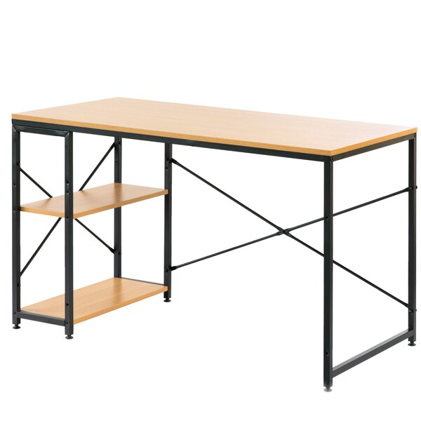 Basicwise Industrial Rectangular Wood and Metal Home Office Computer Desk with 2 Side Shelves, Natural - QI003992.NC