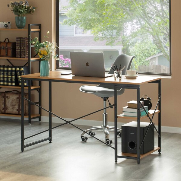 Basicwise Industrial Rectangular Wood and Metal Home Office Computer Desk with 2 Side Shelves, Natural - QI003992.NC