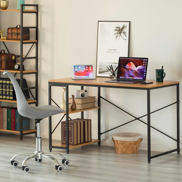 Basicwise Industrial Rectangular Wood and Metal Home Office Computer Desk with 2 Side Shelves, Natural - QI003992.NC