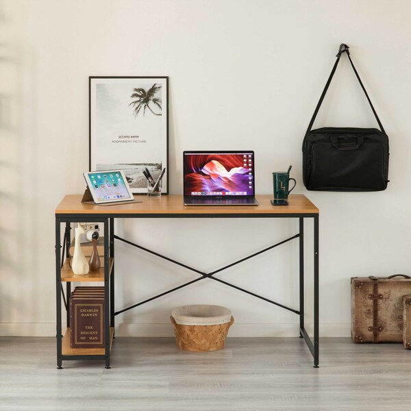 Basicwise Industrial Rectangular Wood and Metal Home Office Computer Desk with 2 Side Shelves, Natural - QI003992.NC