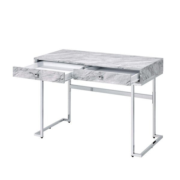 Acme Faux Marble Top Writing Desk with 2 Drawers in White and Chrome - ER-096WH