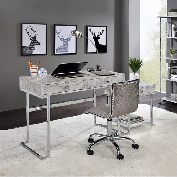 Acme Faux Marble Top Writing Desk with 2 Drawers in White and Chrome - ER-096WH
