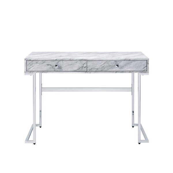 Acme Faux Marble Top Writing Desk with 2 Drawers in White and Chrome - ER-096WH
