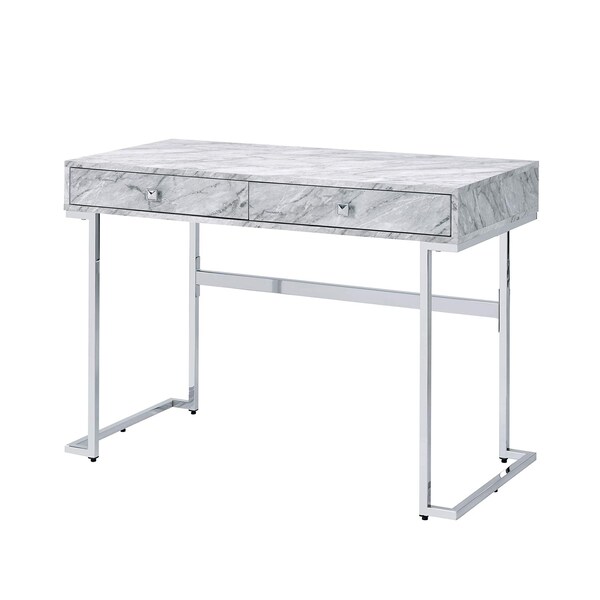 Acme Faux Marble Top Writing Desk with 2 Drawers in White and Chrome - ER-096WH