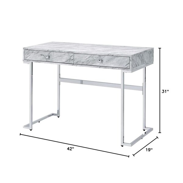 Acme Faux Marble Top Writing Desk with 2 Drawers in White and Chrome - ER-096WH