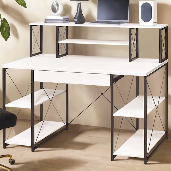 Acme Writing Desk W/ Small Hutch & 1-Drawer, 41 in H, 24 in W X Metal, Veneer, Composite Wood, White - ER-007WH