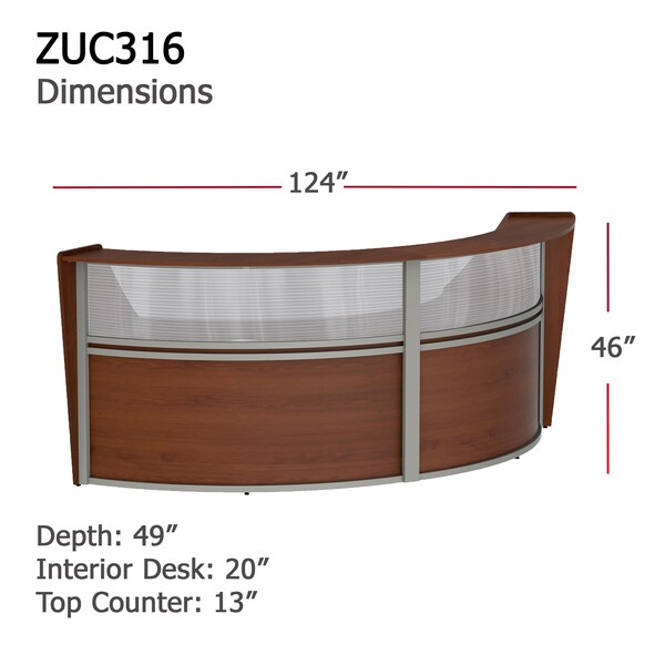 Linea Italia Curved Reception Desk 2 Units, Clear Panel, 124 inW x 49 inD, Cherry - ZUC316