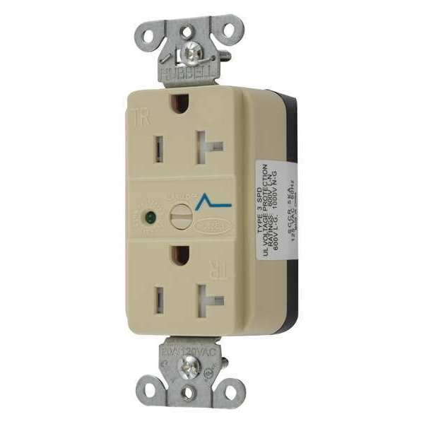 Hubbell Receptacle, 20 A Amps, 125V AC, Flush Mount, Standard Duplex Outlet, 5-20R, Ivory - SNAP5362IS